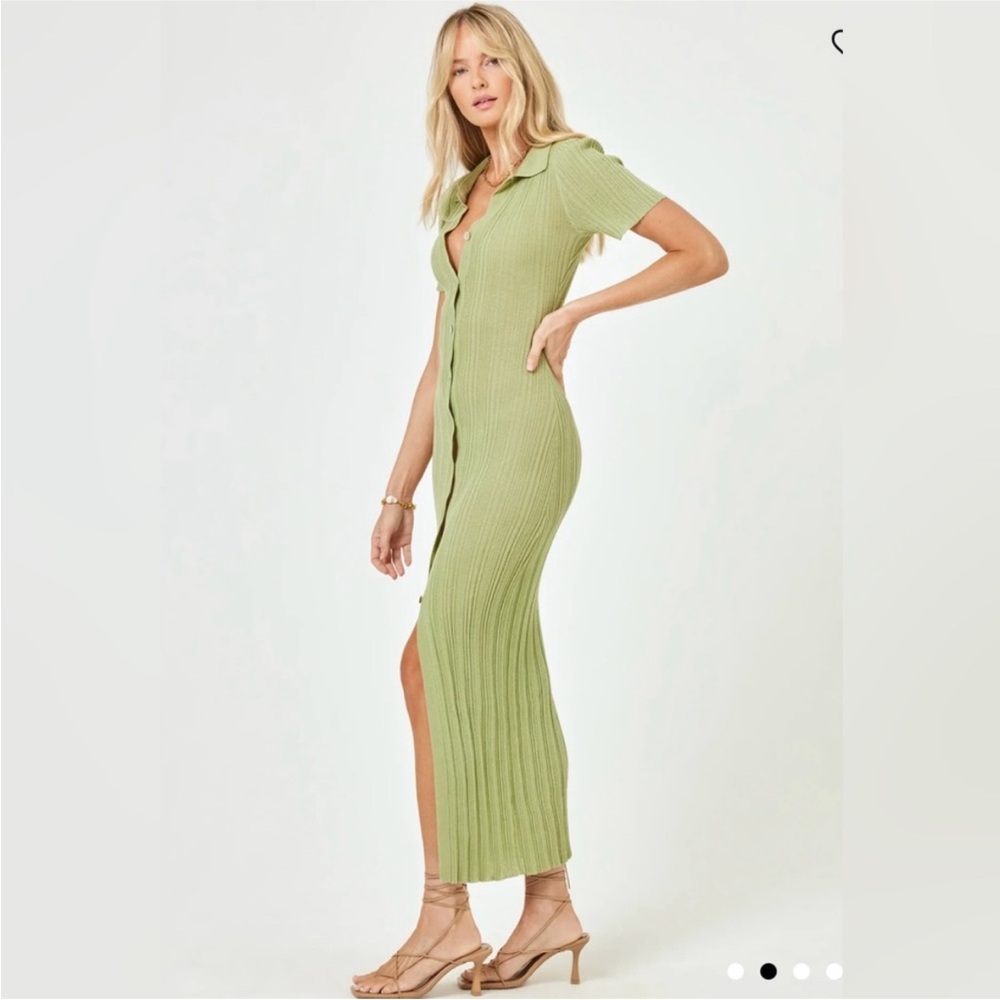 L*Space Linen blend Undertow Green Polo Collar Maxi Dress - Picture 2 of 5